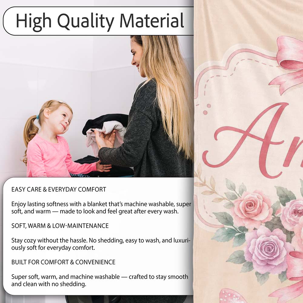 Elegant Watercolor Rose Bouquet Ribbon Butterfly Warm Beige Lovely Personalised Custom Name Super Soft Fleece Blanket Bed Sofa Throw