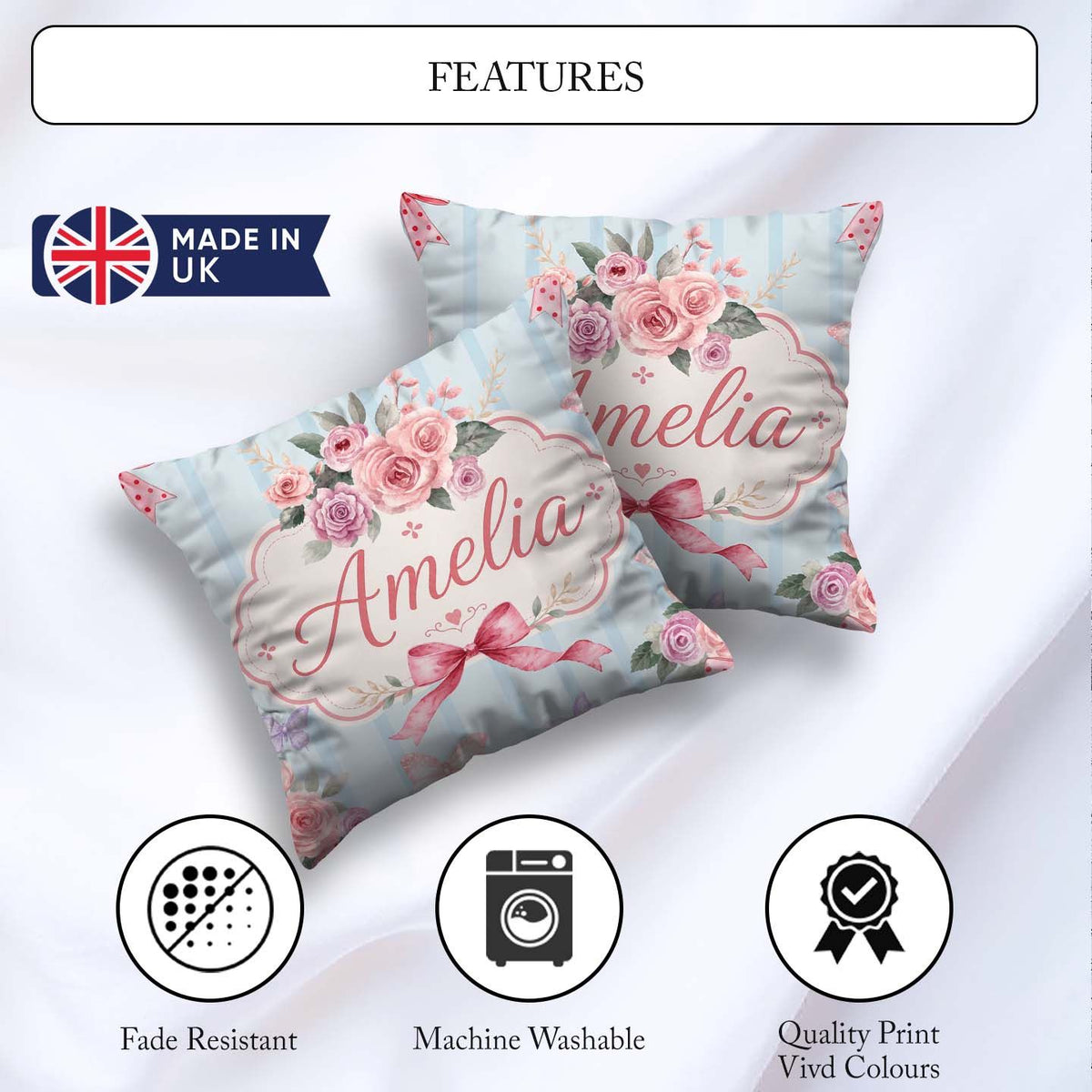 Custom Name Elegant Watercolor Rose Ribbon Butterfly Soft Stripe Square Filled Cushion Throw Pillow Sofa Bed Home Decor Zip Washable UK Made