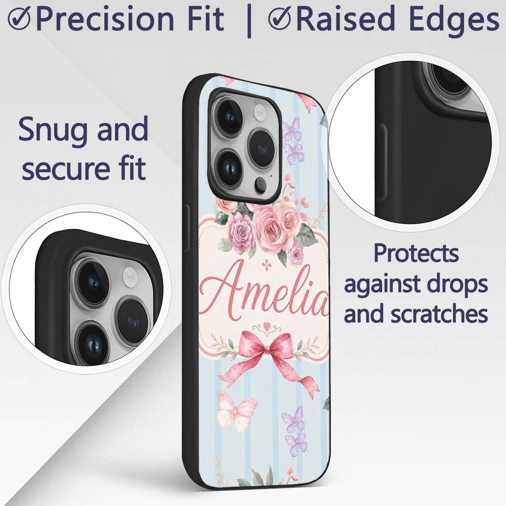 Elegant Watercolor Rose Bouquet Ribbon Butterfly Custom Name Protective Phone Case Mobile Cover Durable Everyday Smartphone Shock Resistant