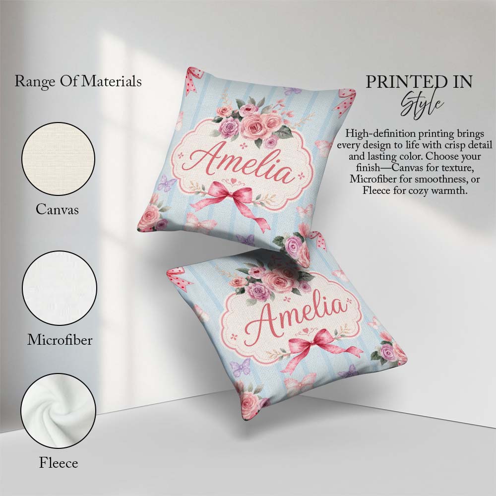 Custom Name Elegant Watercolor Rose Ribbon Butterfly Soft Stripe Square Filled Cushion Throw Pillow Sofa Bed Home Decor Zip Washable UK Made