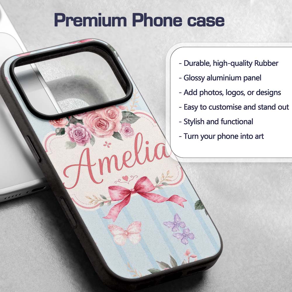 Elegant Watercolor Rose Bouquet Ribbon Butterfly Custom Name Protective Phone Case Mobile Cover Durable Everyday Smartphone Shock Resistant