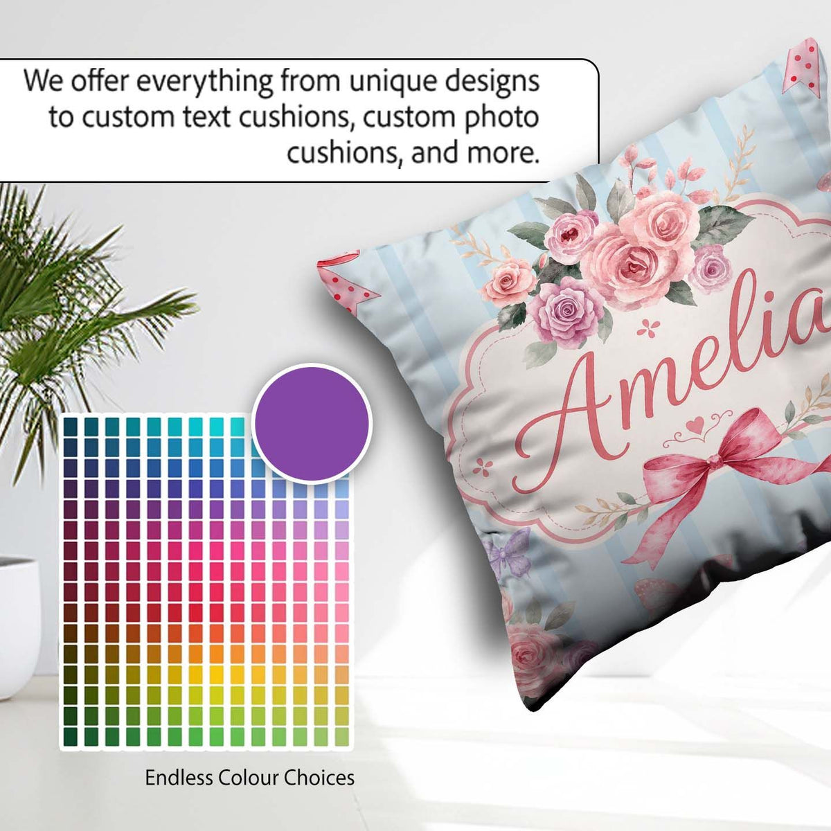 Custom Name Elegant Watercolor Rose Ribbon Butterfly Soft Stripe Square Filled Cushion Throw Pillow Sofa Bed Home Decor Zip Washable UK Made