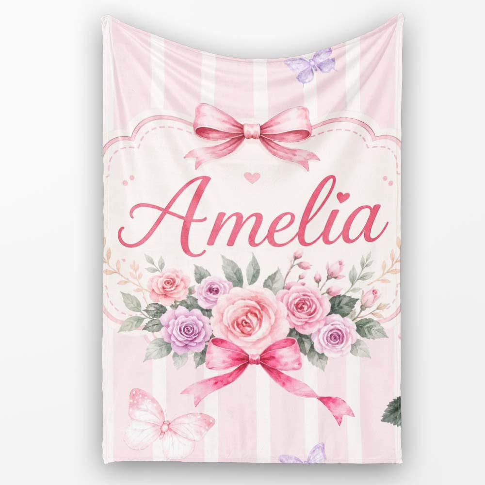 Elegant Watercolor Rose Bouquet Ribbon Butterfly Blush Stripe Lovely Personalised Custom Name Super Soft Fleece Blanket Bed Sofa Throw