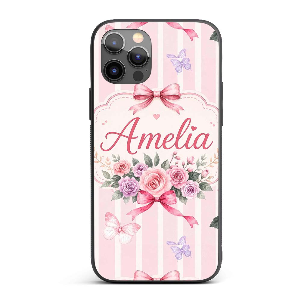 Elegant Watercolor Rose Bouquet Ribbon Butterfly Custom Name Protective Phone Case Mobile Cover Durable Everyday Smartphone Shock Resistant