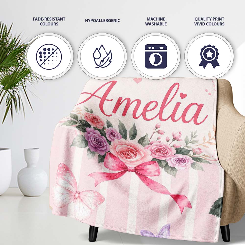 Elegant Watercolor Rose Bouquet Ribbon Butterfly Blush Stripe Lovely Personalised Custom Name Super Soft Fleece Blanket Bed Sofa Throw