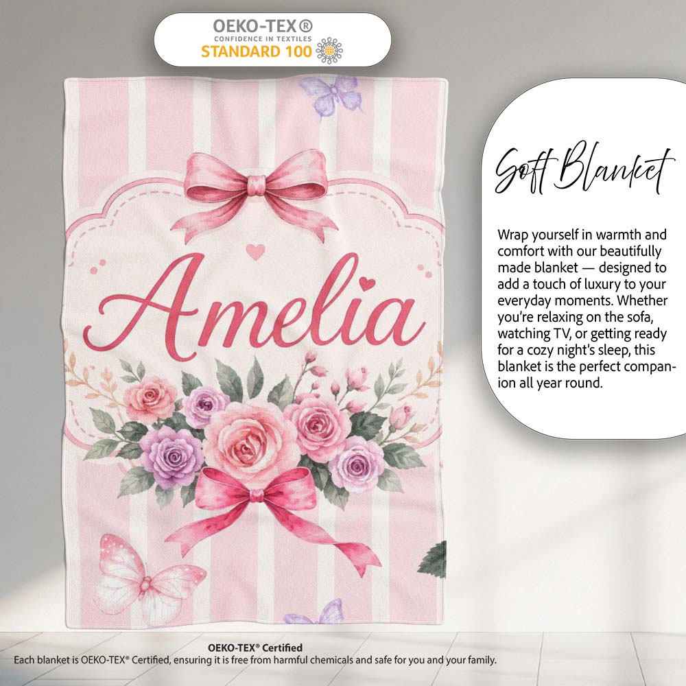 Elegant Watercolor Rose Bouquet Ribbon Butterfly Blush Stripe Lovely Personalised Custom Name Super Soft Fleece Blanket Bed Sofa Throw