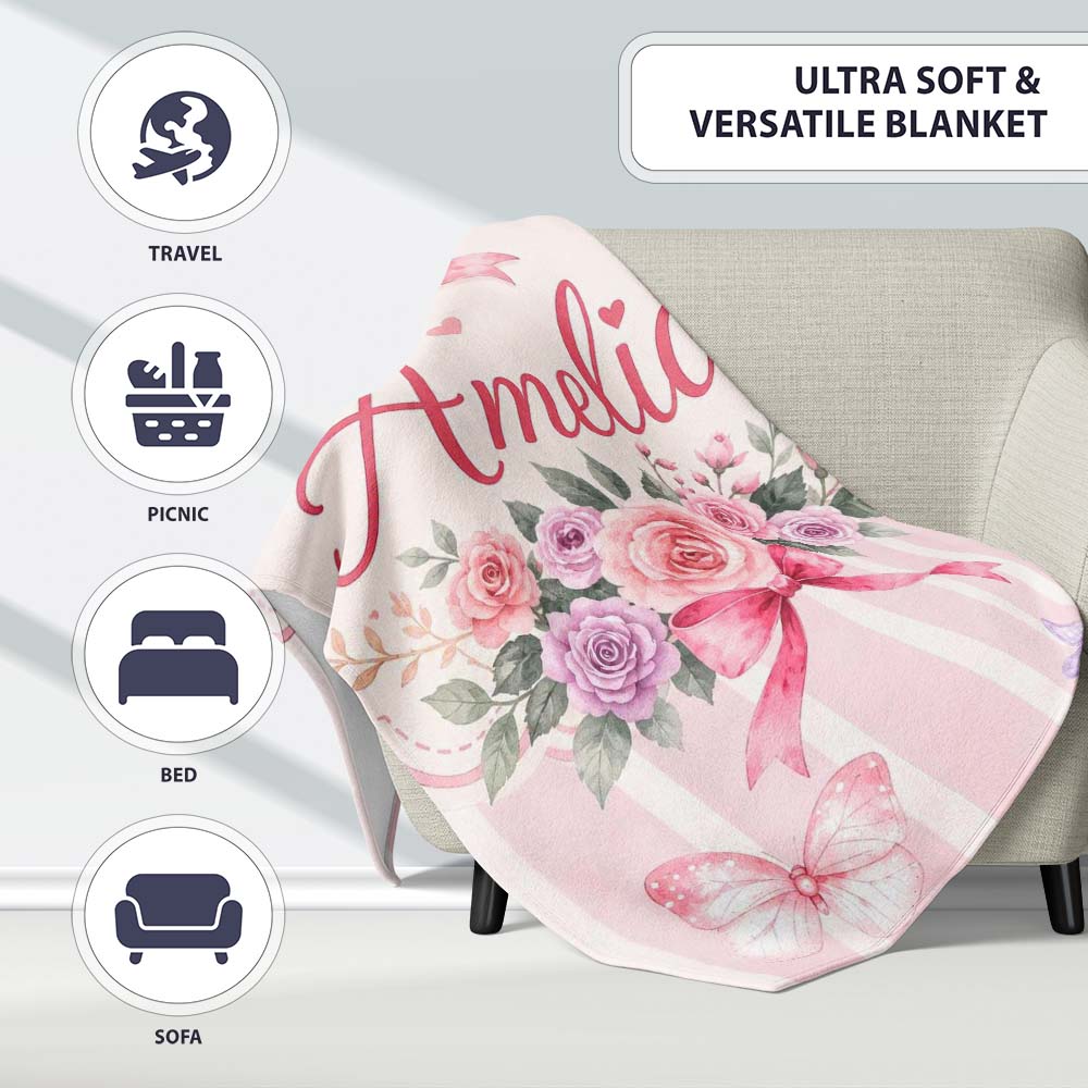 Elegant Watercolor Rose Bouquet Ribbon Butterfly Blush Stripe Lovely Personalised Custom Name Super Soft Fleece Blanket Bed Sofa Throw