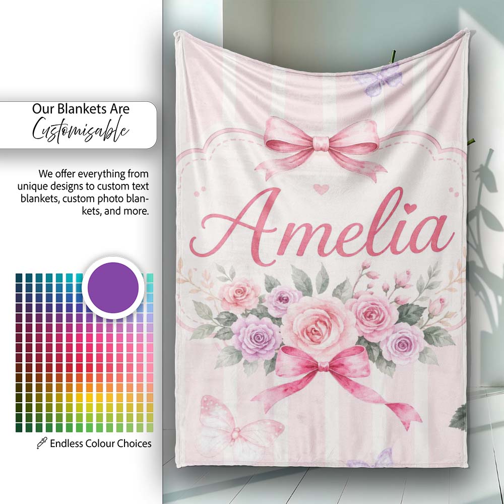 Elegant Watercolor Rose Bouquet Ribbon Butterfly Blush Stripe Lovely Personalised Custom Name Super Soft Fleece Blanket Bed Sofa Throw
