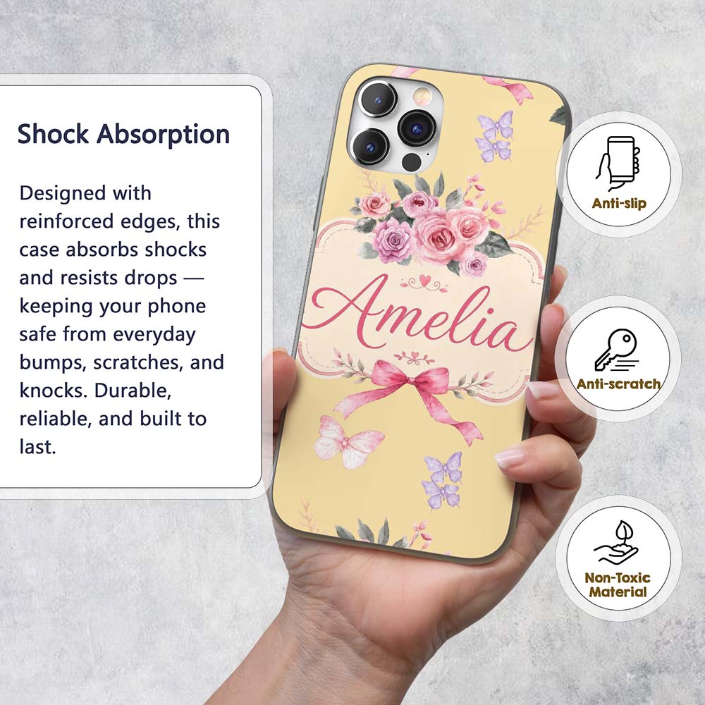 Elegant Watercolor Rose Bouquet Ribbon Butterfly Custom Name Protective Phone Case Mobile Cover Durable Everyday Smartphone Shock Resistant