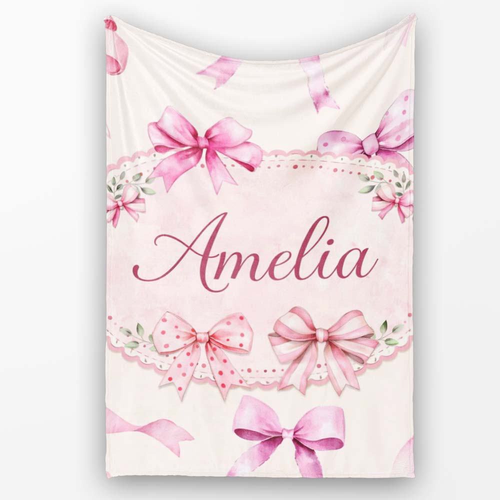 Watercolor Pink Ribbon Bow Seamless Pattern on Soft Pink Background Personalised Custom Name Super Soft Fleece Blanket Bed Sofa Throw