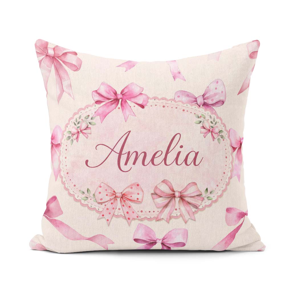 Custom Name Watercolor Pink Ribbon Seamless Pattern on Soft Pink Square Filled Cushion Throw Pillow Sofa Bed Home Decor Zip Washable UK Made