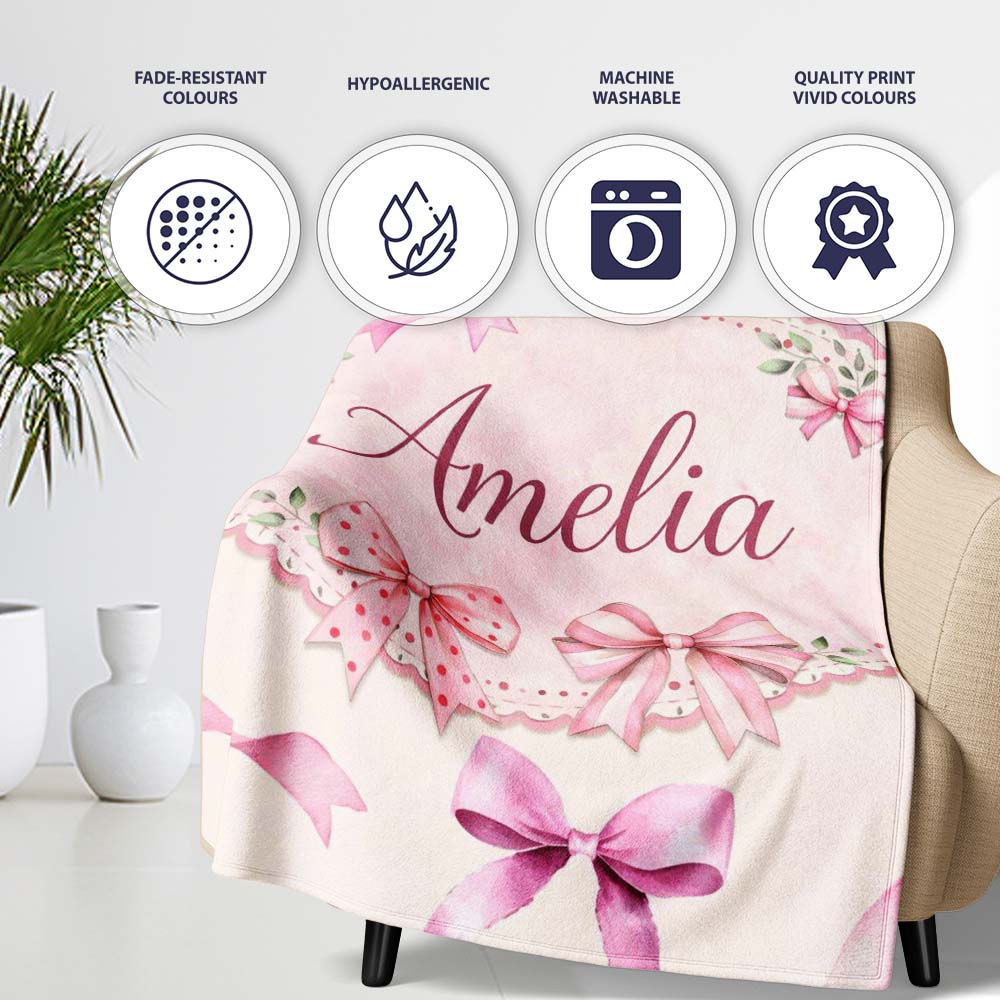 Watercolor Pink Ribbon Bow Seamless Pattern on Soft Pink Background Personalised Custom Name Super Soft Fleece Blanket Bed Sofa Throw