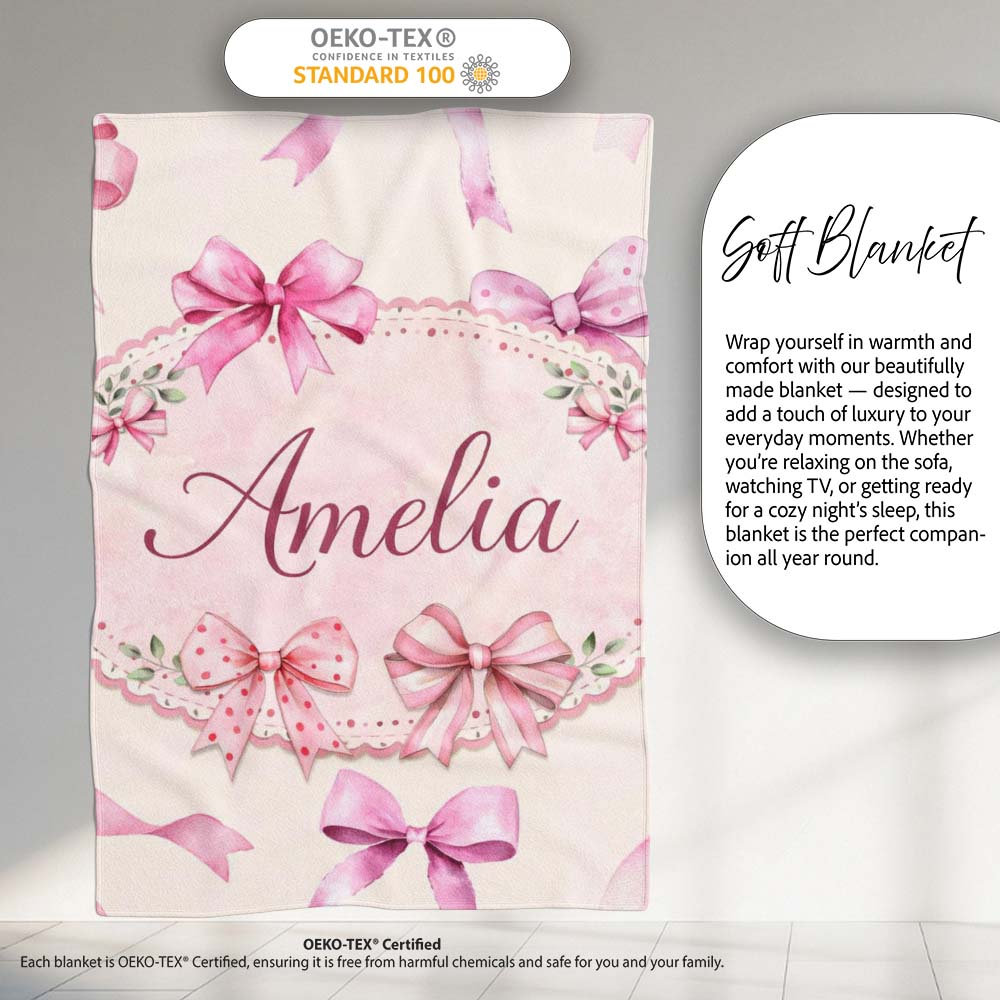 Watercolor Pink Ribbon Bow Seamless Pattern on Soft Pink Background Personalised Custom Name Super Soft Fleece Blanket Bed Sofa Throw