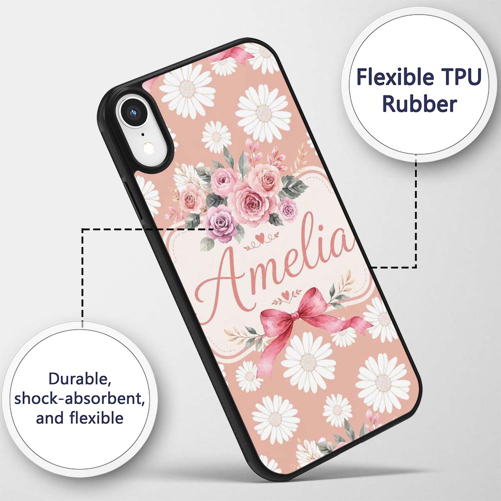 White Daisy Floral Pattern on Peach Background Custom Name Protective Phone Case Mobile Cover Durable Everyday Smartphone Shock Resistant