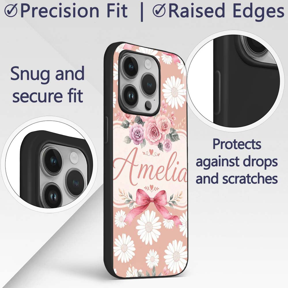 White Daisy Floral Pattern on Peach Background Custom Name Protective Phone Case Mobile Cover Durable Everyday Smartphone Shock Resistant