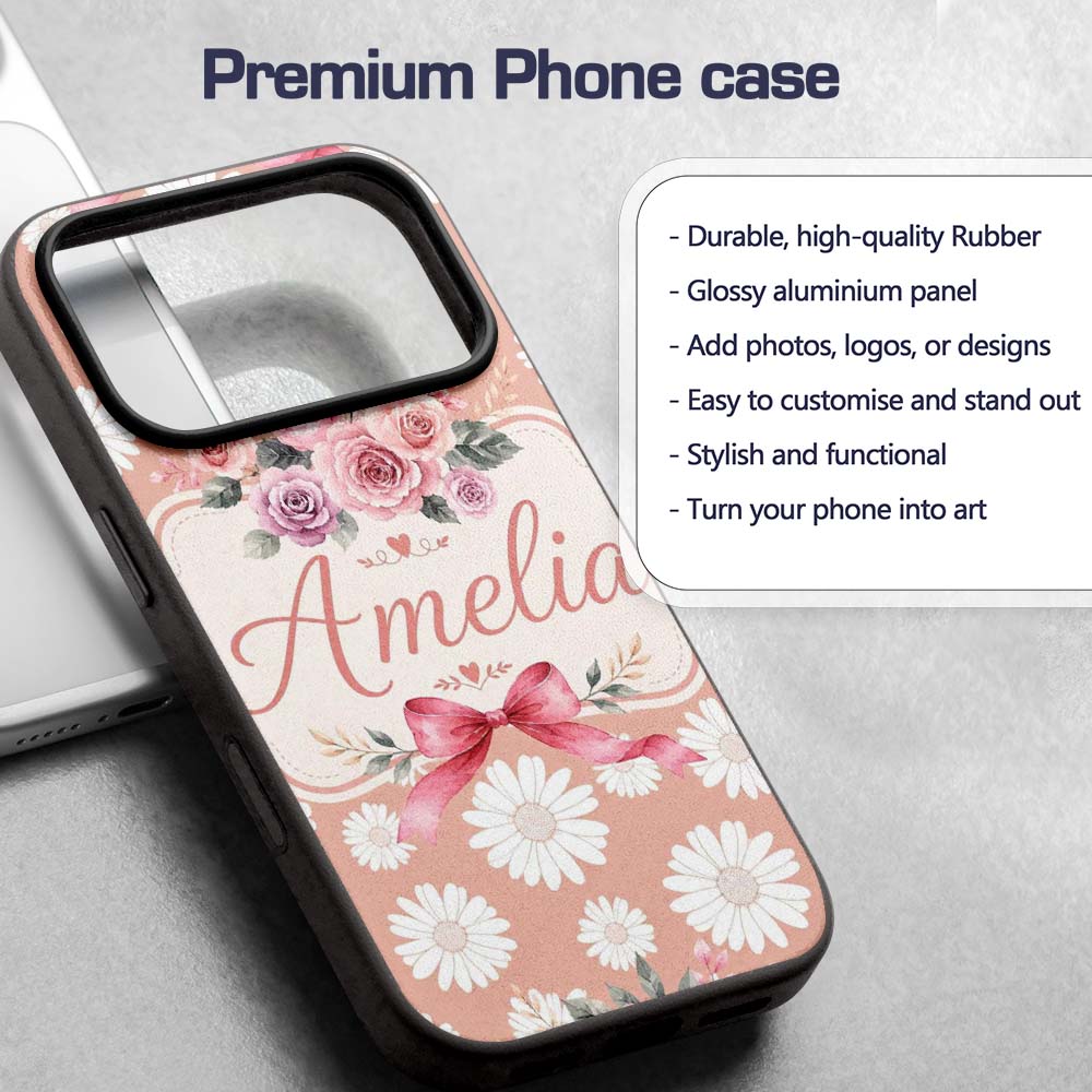 White Daisy Floral Pattern on Peach Background Custom Name Protective Phone Case Mobile Cover Durable Everyday Smartphone Shock Resistant