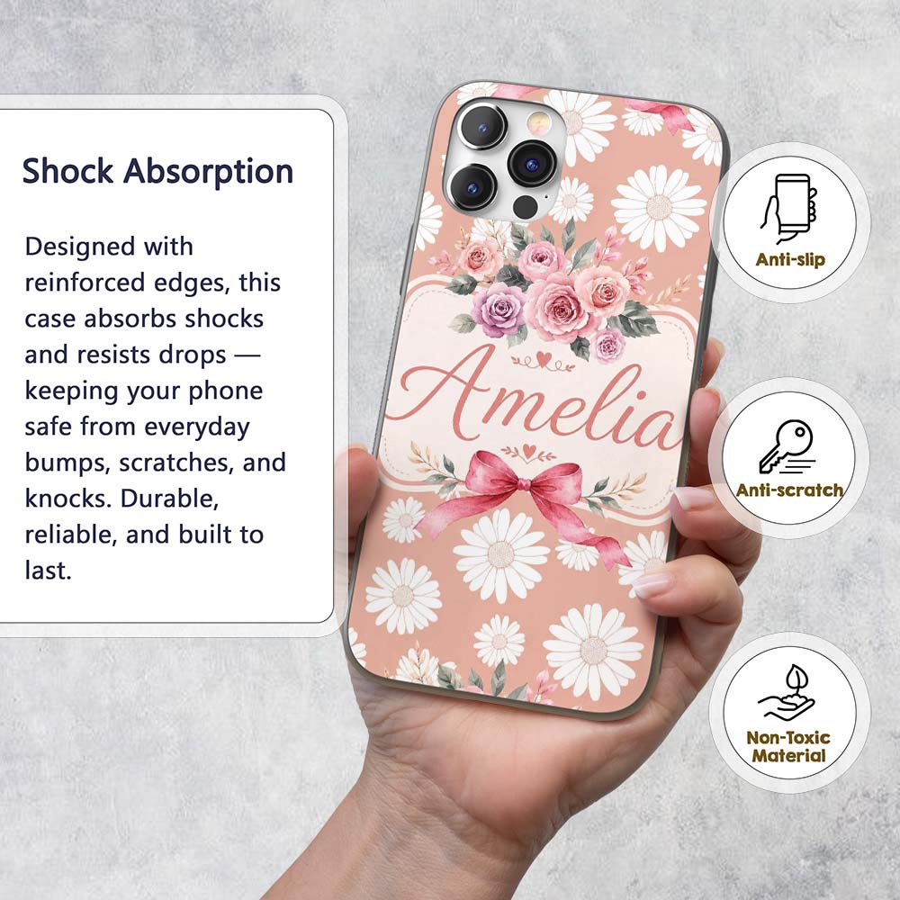 White Daisy Floral Pattern on Peach Background Custom Name Protective Phone Case Mobile Cover Durable Everyday Smartphone Shock Resistant