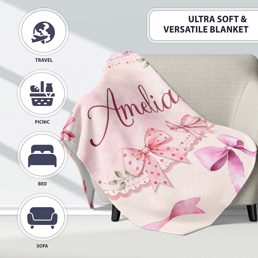 Watercolor Pink Ribbon Bow Seamless Pattern on Soft Pink Background Personalised Custom Name Super Soft Fleece Blanket Bed Sofa Throw
