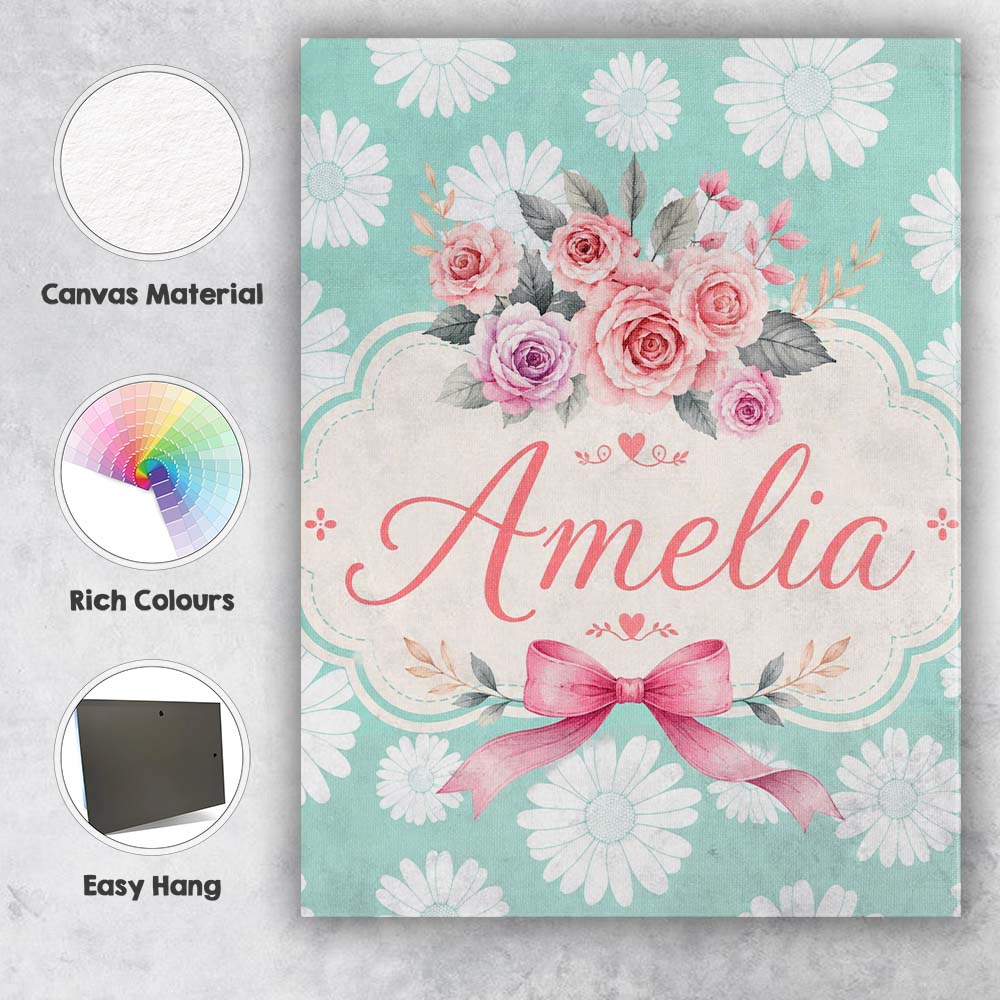 Personalised Name White Daisy Floral Custom Premium Decorative Design Modern Room Accent Canvas Wall Art Print Decor Picture Ready to Hang