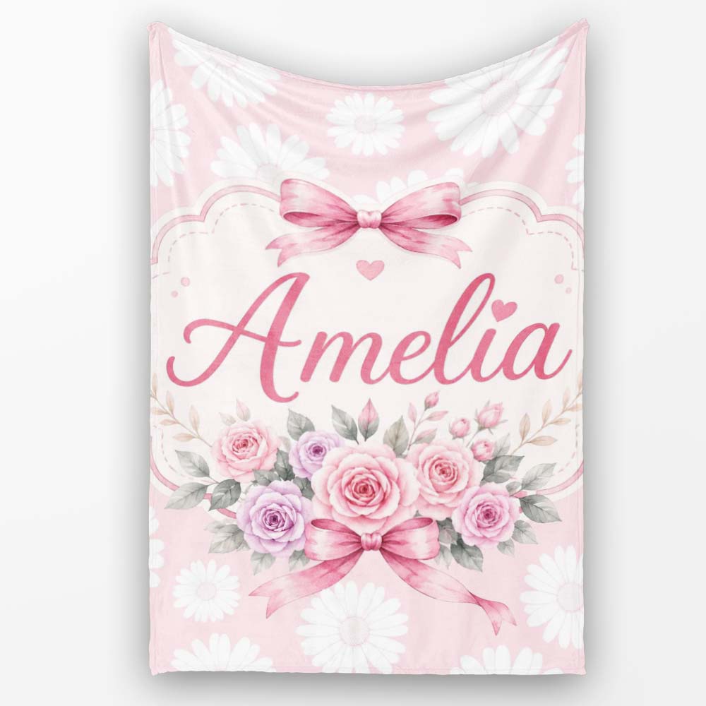 White Daisy Floral Pattern on Soft Blush Pink Background Seamless Personalised Custom Name Super Soft Fleece Blanket Bed Sofa Throw
