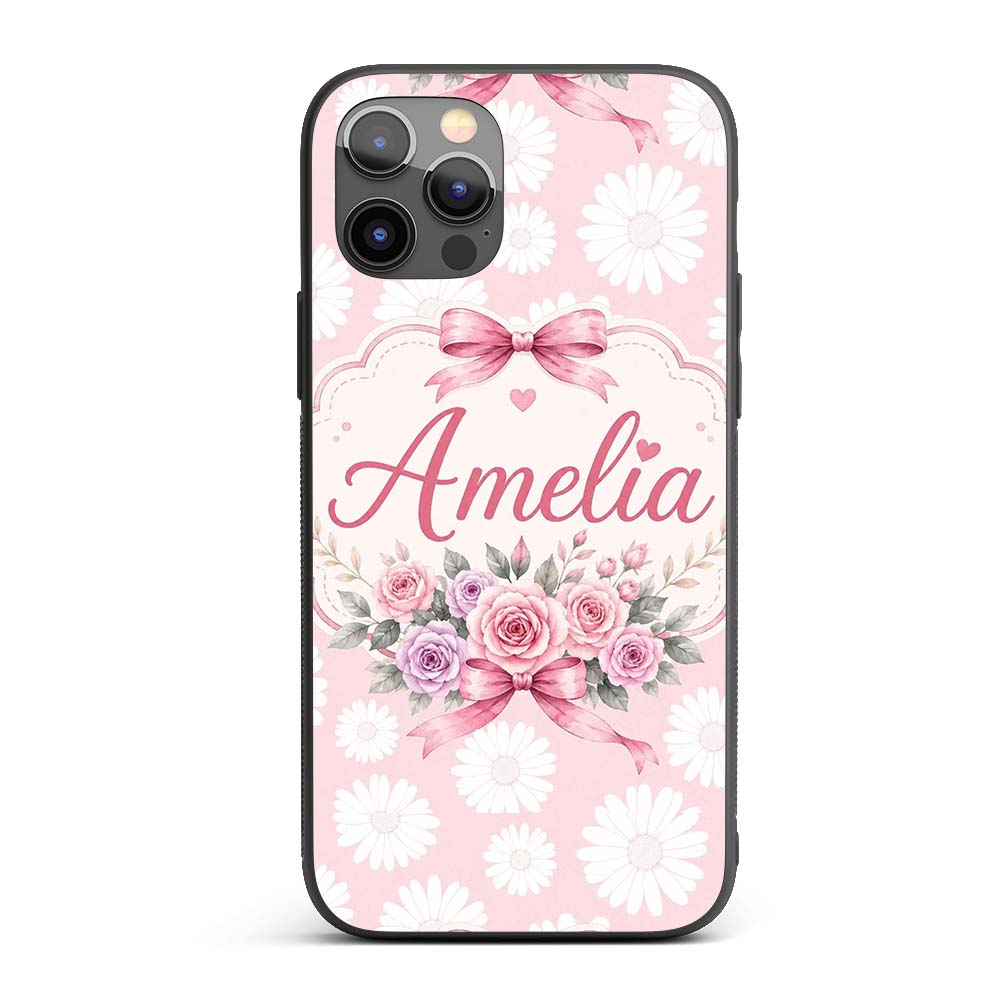 White Daisy Floral Pattern on Soft Blush Pink Custom Name Protective Phone Case Mobile Cover Durable Everyday Smartphone Shock Resistant