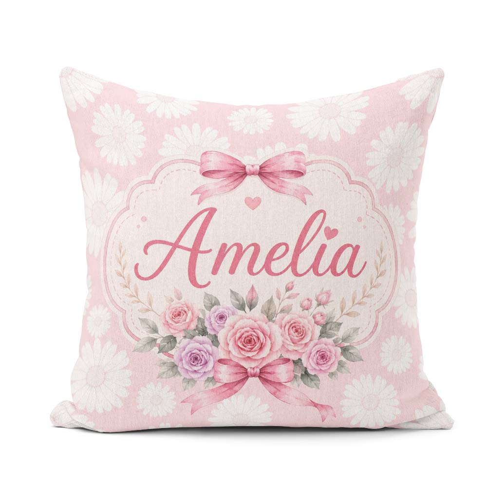 Custom Name White Daisy Floral on Soft Blush Background Seamless Square Filled Cushion Throw Pillow Sofa Bed Home Decor Zip Washable UK Made