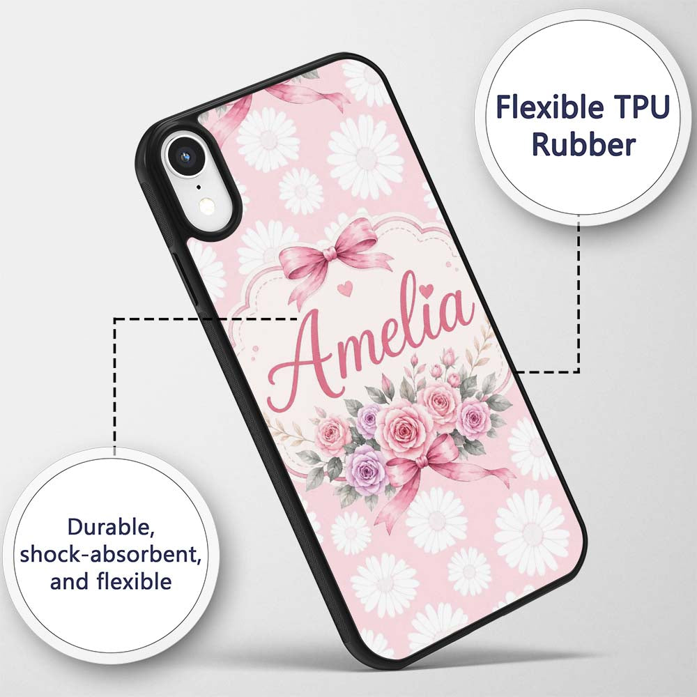 White Daisy Floral Pattern on Soft Blush Pink Custom Name Protective Phone Case Mobile Cover Durable Everyday Smartphone Shock Resistant