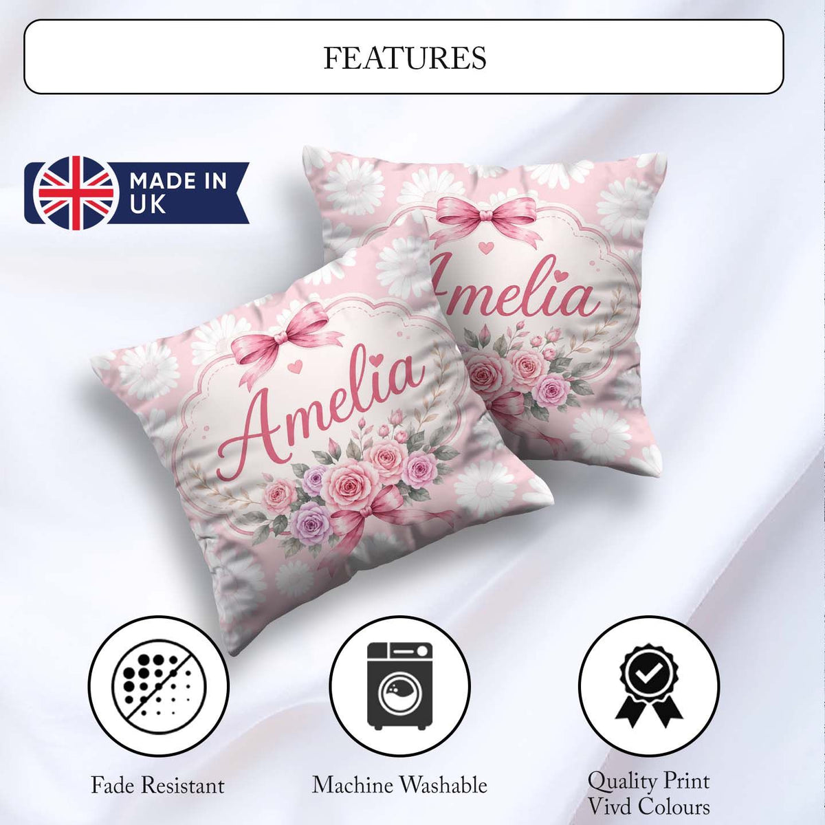 Custom Name White Daisy Floral on Soft Blush Background Seamless Square Filled Cushion Throw Pillow Sofa Bed Home Decor Zip Washable UK Made