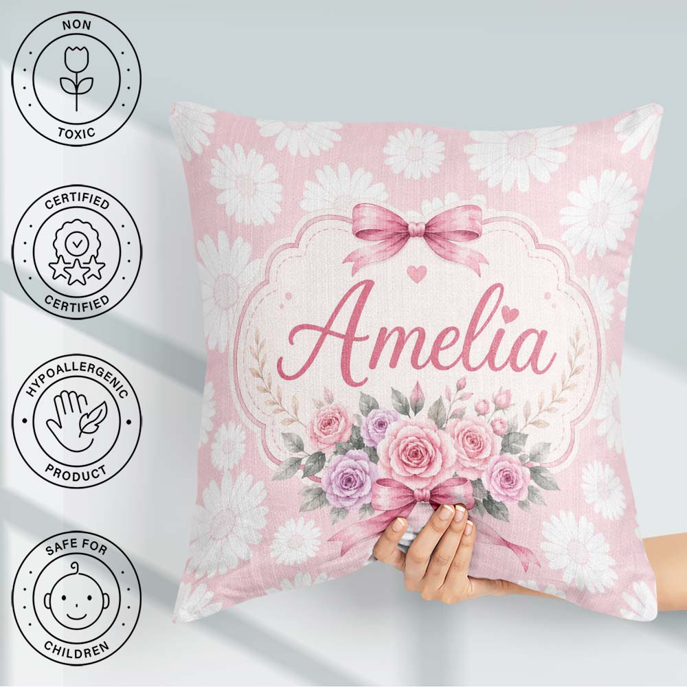 Custom Name White Daisy Floral on Soft Blush Background Seamless Square Filled Cushion Throw Pillow Sofa Bed Home Decor Zip Washable UK Made