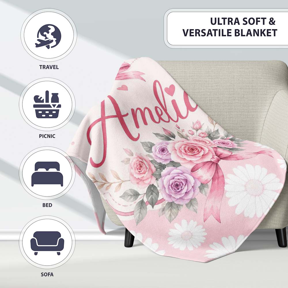 White Daisy Floral Pattern on Soft Blush Pink Background Seamless Personalised Custom Name Super Soft Fleece Blanket Bed Sofa Throw