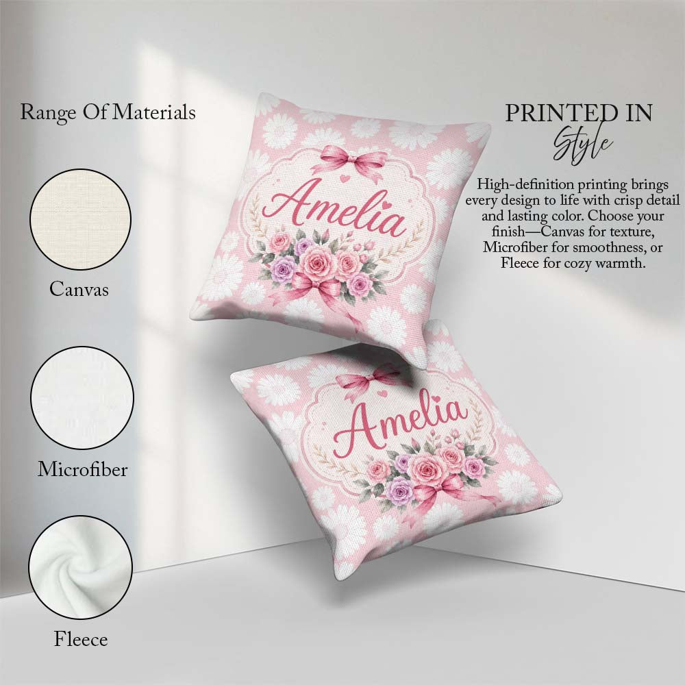 Custom Name White Daisy Floral on Soft Blush Background Seamless Square Filled Cushion Throw Pillow Sofa Bed Home Decor Zip Washable UK Made