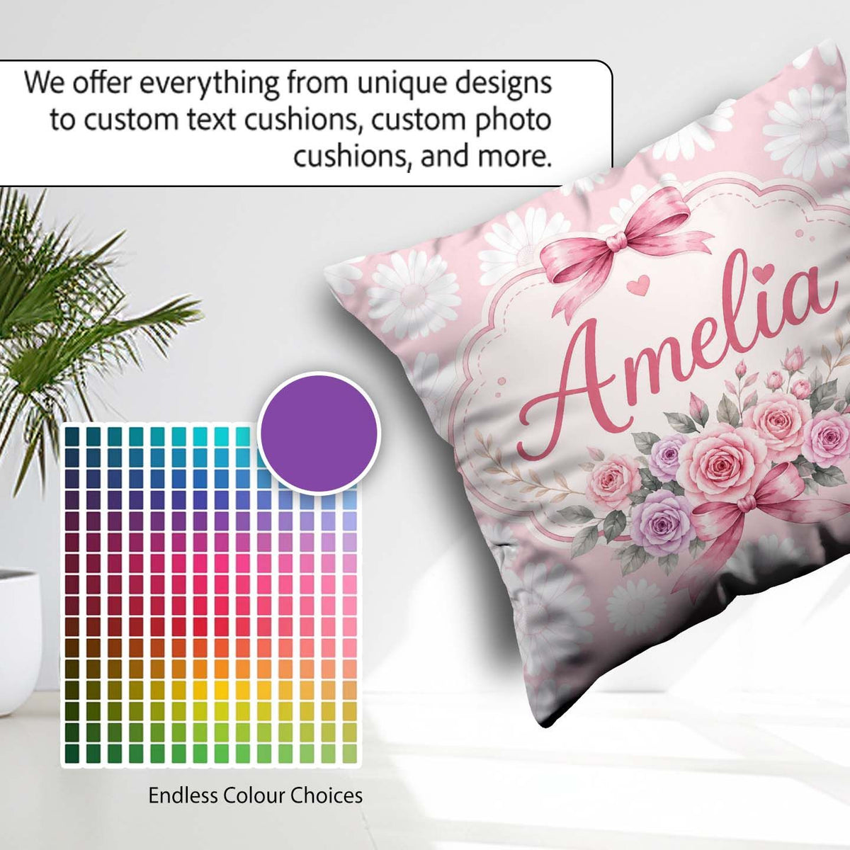 Custom Name White Daisy Floral on Soft Blush Background Seamless Square Filled Cushion Throw Pillow Sofa Bed Home Decor Zip Washable UK Made
