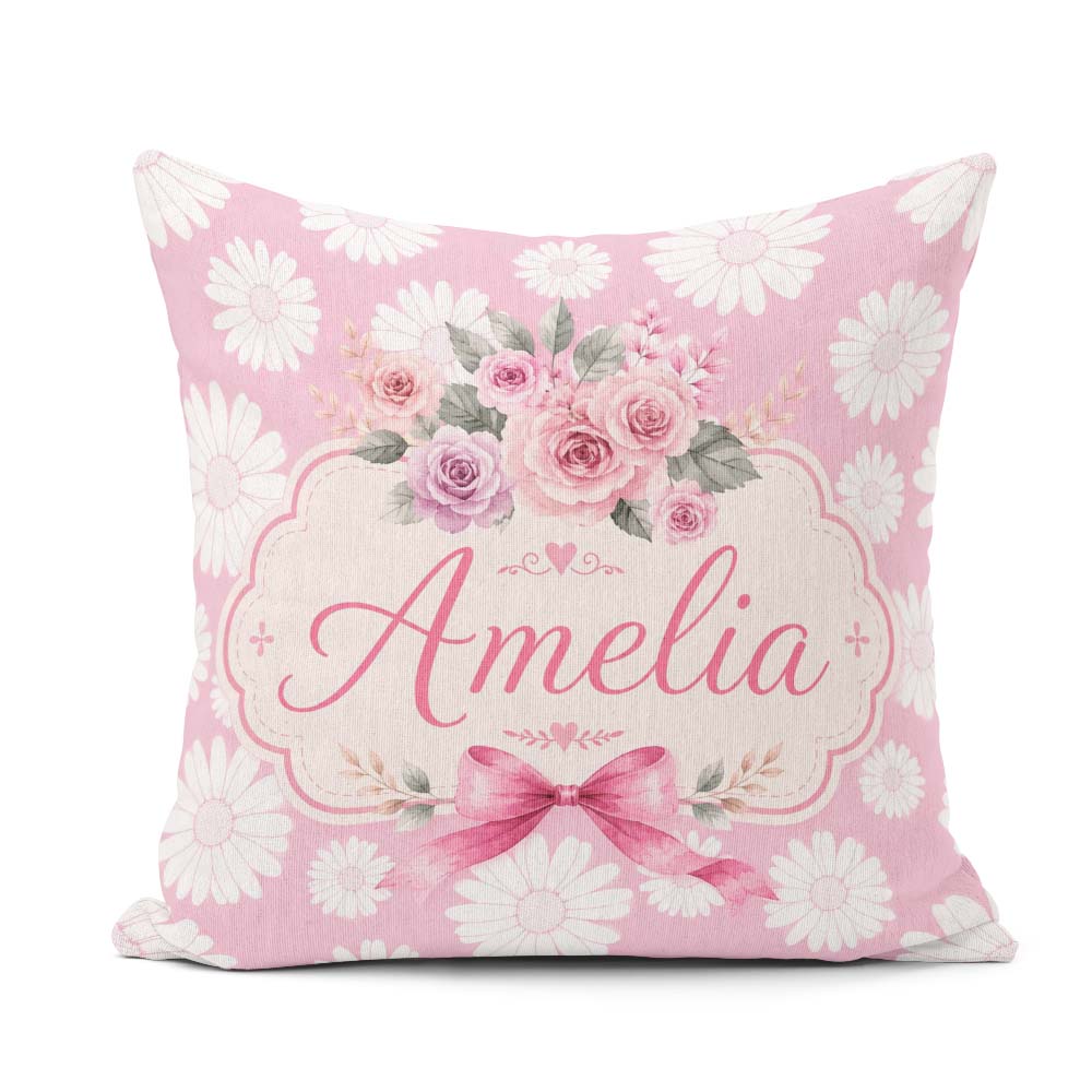 Custom Name White Daisy Floral on Dusty Rose Background Seamless Square Filled Cushion Throw Pillow Sofa Bed Home Decor Zip Washable UK Made