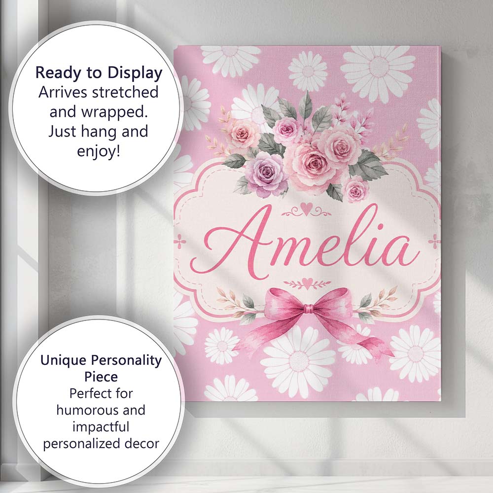Personalised Name White Daisy Floral Custom Premium Decorative Design Modern Room Accent Canvas Wall Art Print Decor Picture Ready to Hang