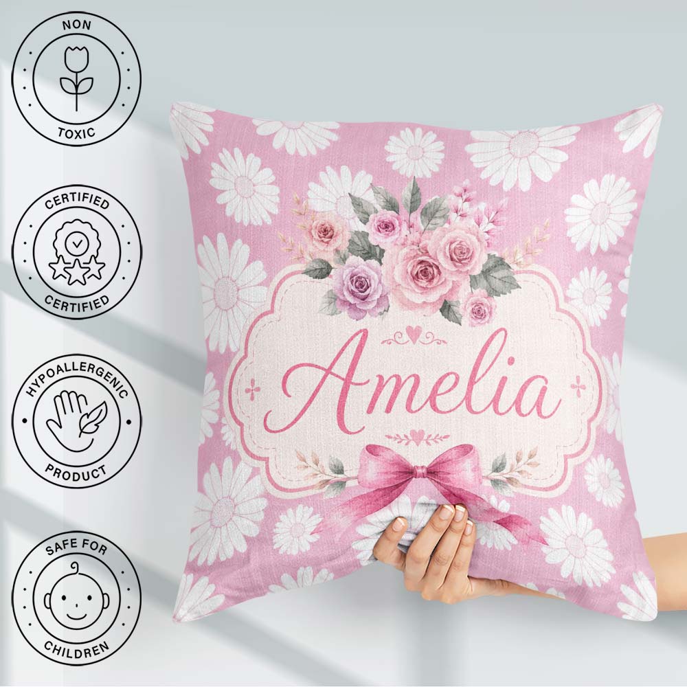 Custom Name White Daisy Floral on Dusty Rose Background Seamless Square Filled Cushion Throw Pillow Sofa Bed Home Decor Zip Washable UK Made