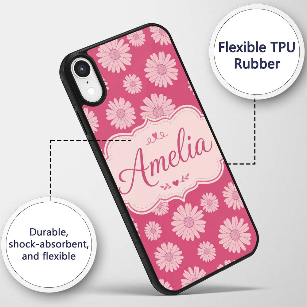 White Daisy Floral Pattern on Printed Design Custom Name Protective Phone Case Mobile Cover Durable Everyday Smartphone Shock Resistant