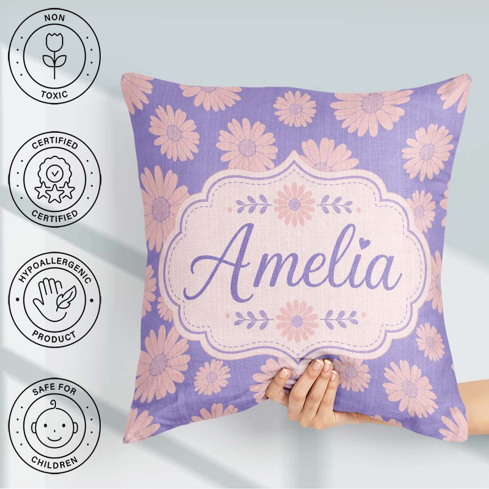 Custom Name Peach Floral Pattern on Lavender Background Seamless Square Filled Cushion Throw Pillow Sofa Bed Home Decor Zip Washable UK Made