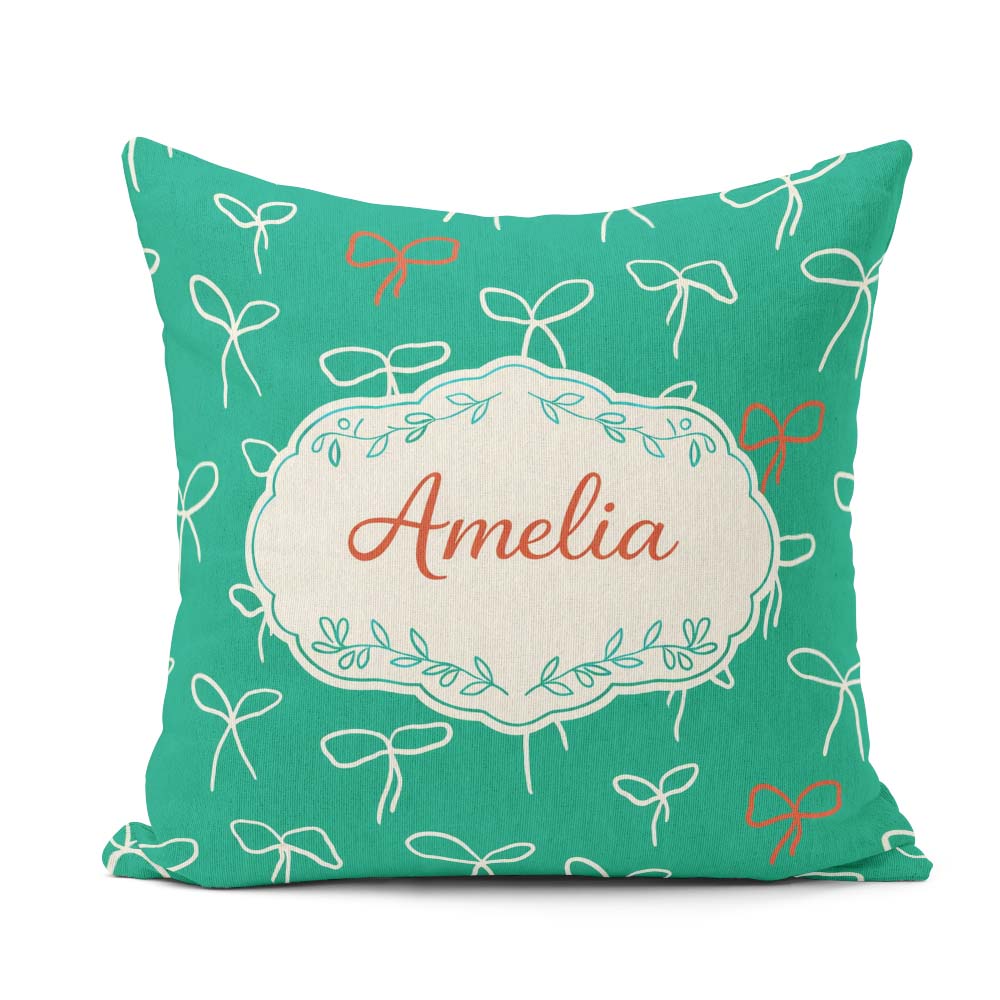 Custom Name Minimal Bow Line Art Green Background Cute Seamless Square Filled Cushion Throw Pillow Sofa Bed Home Decor Zip Washable UK Made
