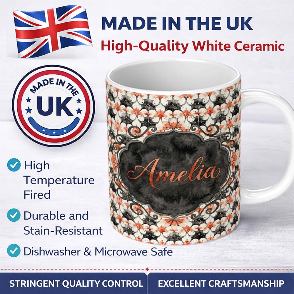 Personalized Custom Name Ornate Floral Tile Pattern with Red Accents Seamless Pattern Lovely 11oz Ceramic Coffee Tea Mug White Large Handle