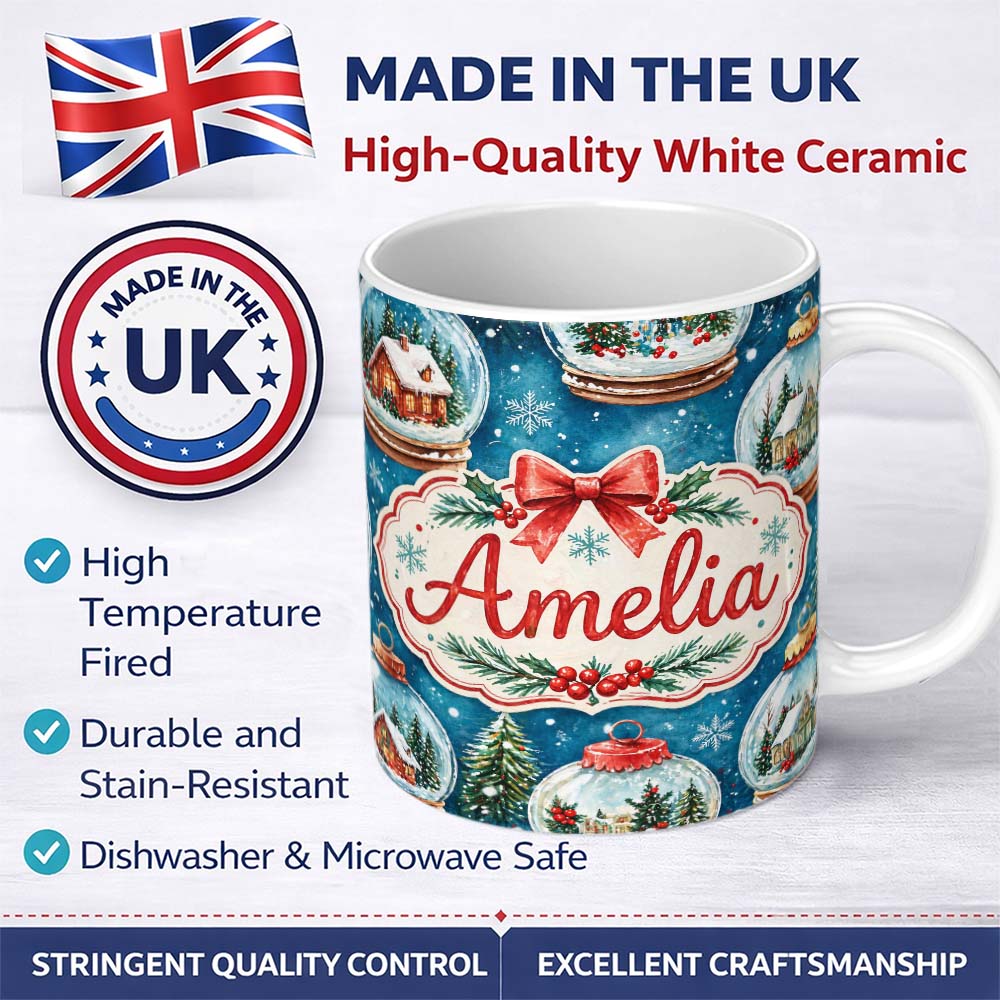 Personalized Custom Name Watercolor Christmas Snow Globe Winter Seamless Pattern Lovely 11oz Ceramic Coffee Tea Mug White Large Handle