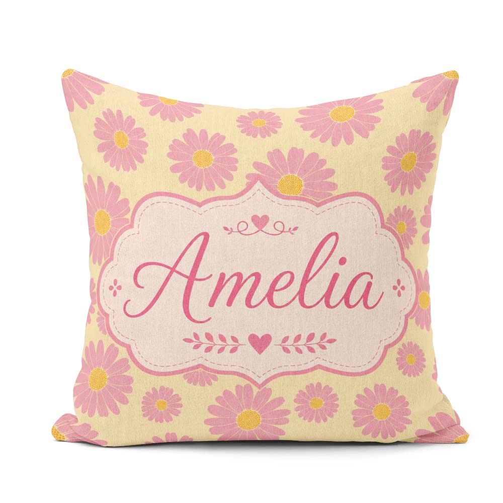 Custom Name Pink Daisy Floral on Soft Yellow Background Seamless Square Filled Cushion Throw Pillow Sofa Bed Home Decor Zip Washable UK Made