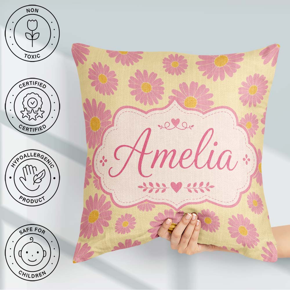 Custom Name Pink Daisy Floral on Soft Yellow Background Seamless Square Filled Cushion Throw Pillow Sofa Bed Home Decor Zip Washable UK Made