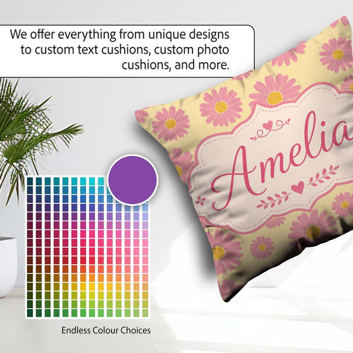 Custom Name Pink Daisy Floral on Soft Yellow Background Seamless Square Filled Cushion Throw Pillow Sofa Bed Home Decor Zip Washable UK Made