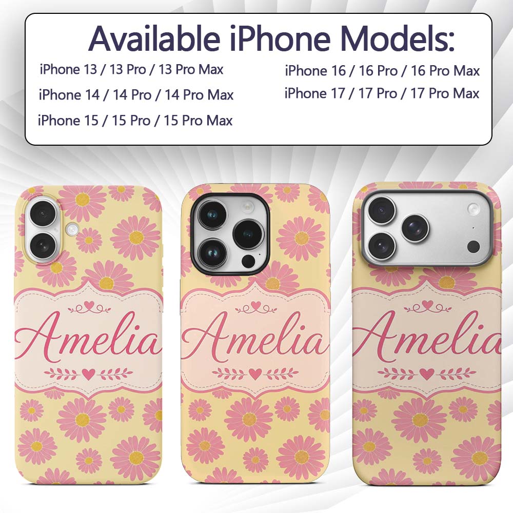 Pink Daisy Floral Pattern on Soft Printed Design Custom Name Protective Phone Case Mobile Cover Durable Everyday Smartphone Shock Resistant