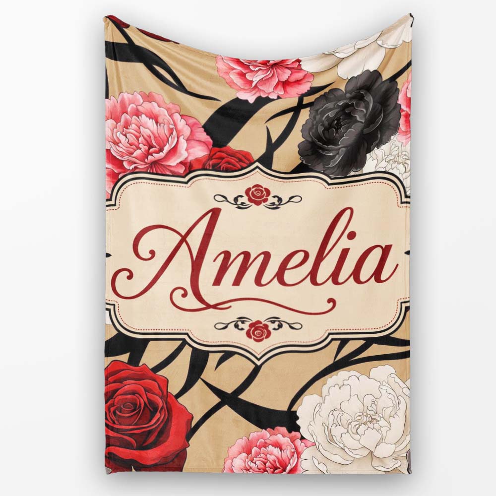 Elegant Rose Floral with Black Red and White Flowers on Beige Lovely Personalised Custom Name Super Soft Fleece Blanket Bed Sofa Throw