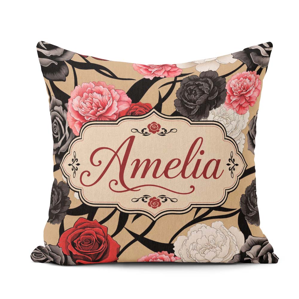 Custom Name Rose Floral with Black Red and White on Beige Lovely Square Filled Cushion Throw Pillow Sofa Bed Home Decor Zip Washable UK Made