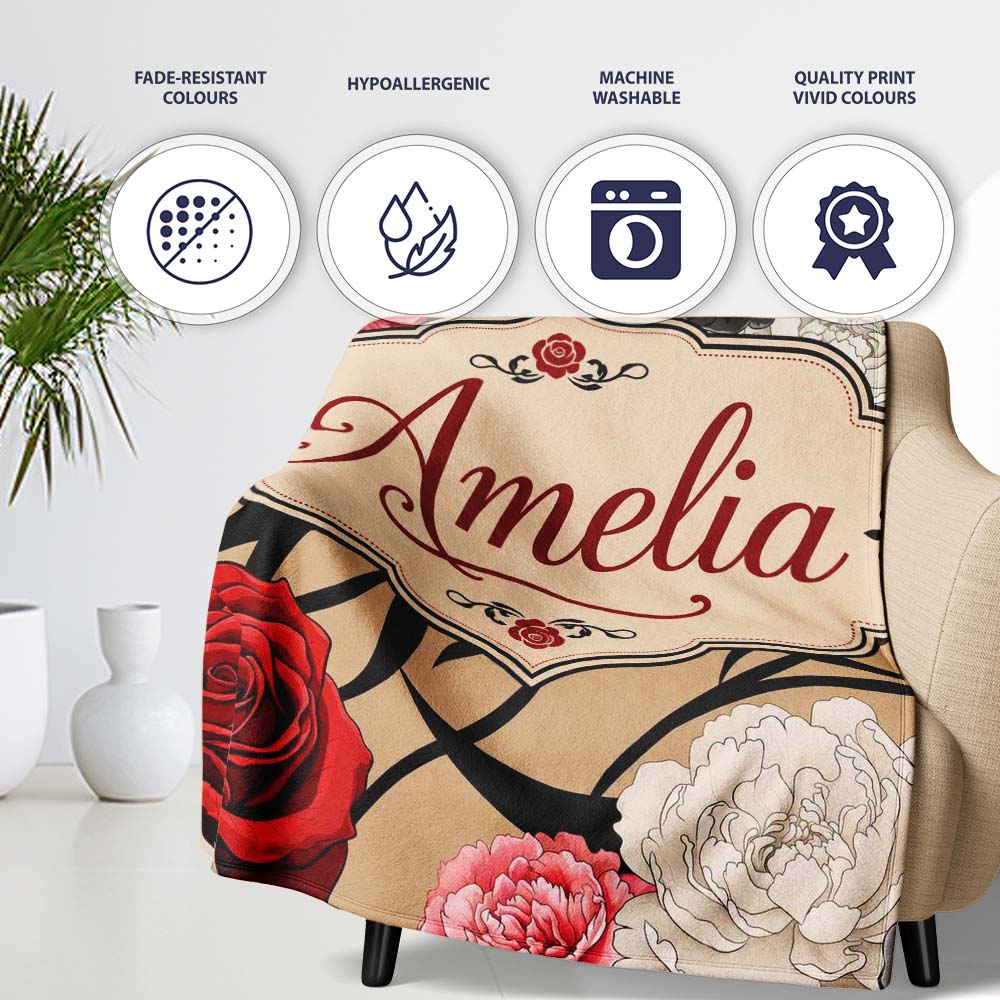 Elegant Rose Floral with Black Red and White Flowers on Beige Lovely Personalised Custom Name Super Soft Fleece Blanket Bed Sofa Throw