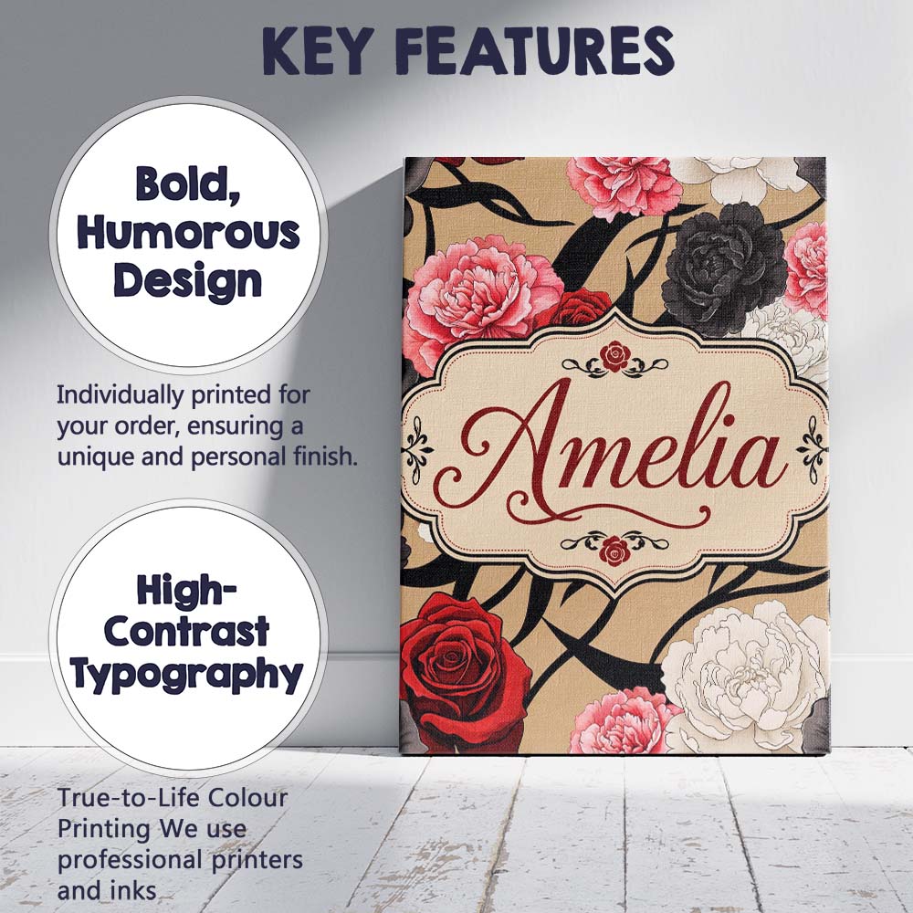 Personalised Name Elegant Rose Floral with Custom Bespoke Contemporary Statement Canvas Wall Art Print Decor Picture Ready to Hang