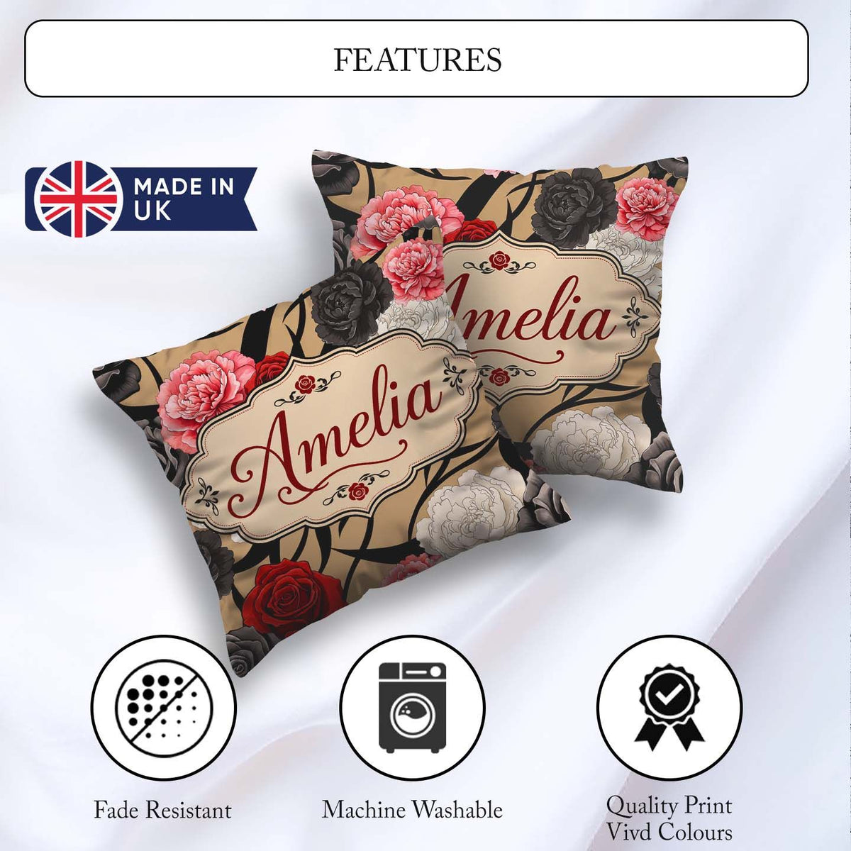 Custom Name Rose Floral with Black Red and White on Beige Lovely Square Filled Cushion Throw Pillow Sofa Bed Home Decor Zip Washable UK Made