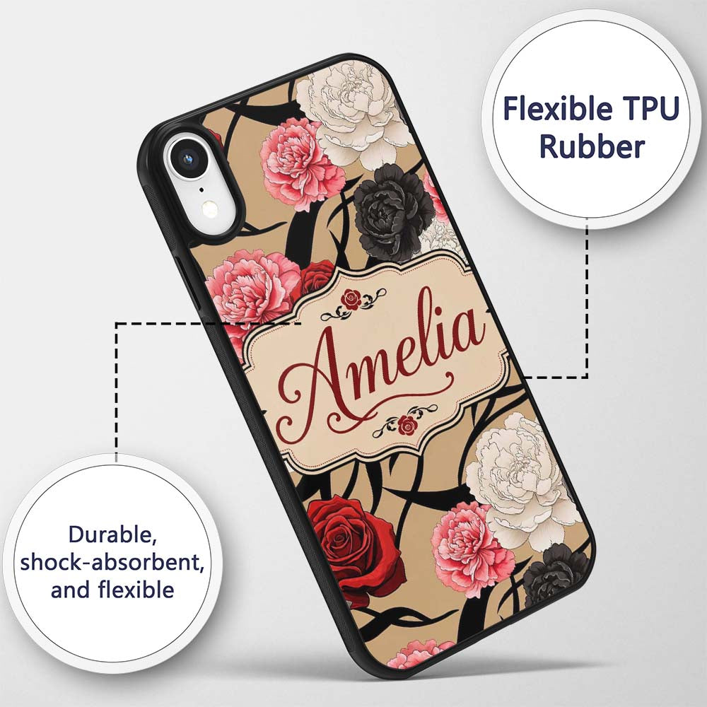 Elegant Rose Floral with Black Red and White Custom Name Protective Phone Case Mobile Cover Durable Everyday Smartphone Shock Resistant